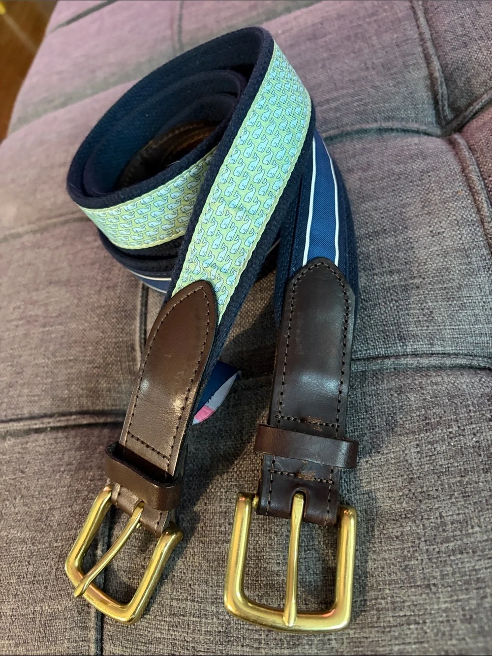 Vineyard Vines Men's Belt bundle two Brown Leather Trim 38 solid brass buckle